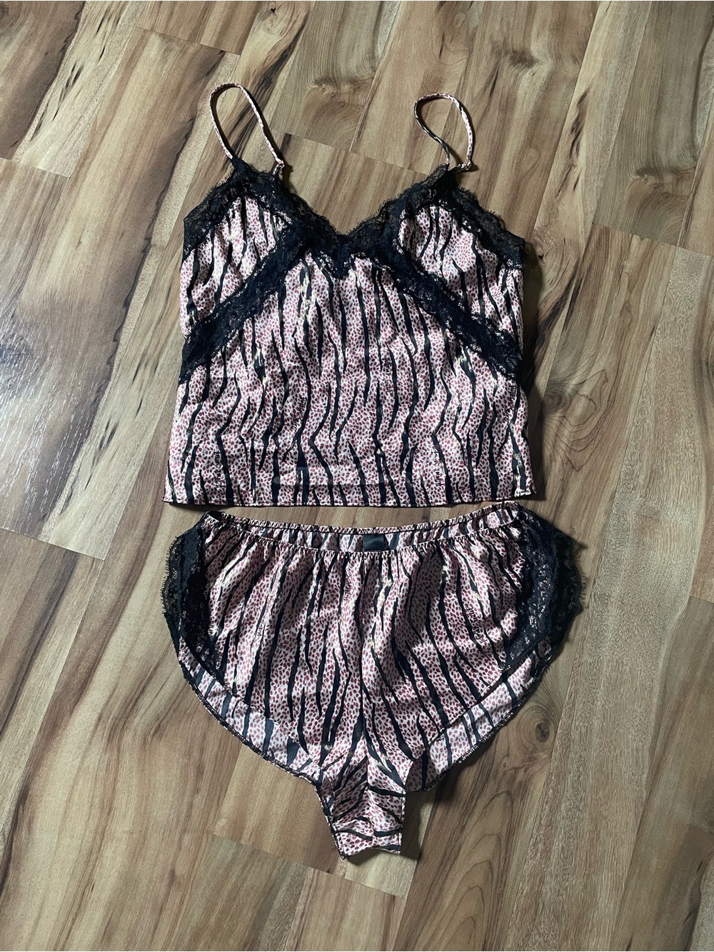 VS Shimmer Satin Pajama Set - Rose Gold Zebra Leopard Print with Black Lace Sz S